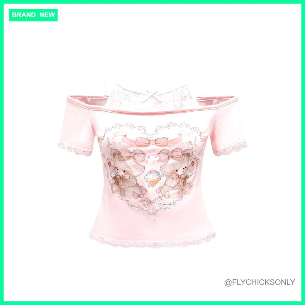 Women's Y2K Crop Top with Lace Bow Cold Shoulder Graphic Tee